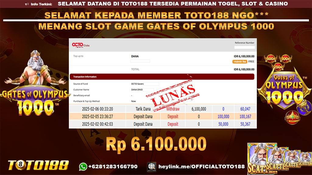 Bukti JP Kemenangan SLOT GAME GATES OF OLYMPUS 1000 06 FEB 25