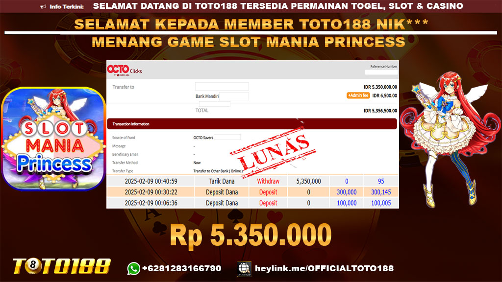 Bukti JP Kemenangan GAME SLOT MANIA PRINCESS 09 FEB 25
