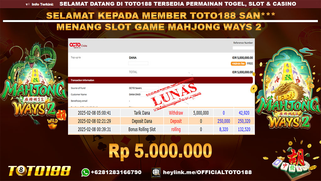 Bukti JP Kemenangan SLOT GAME MAHJONG WAYS2 08 FEB 25