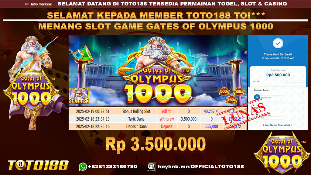 Bukti JP Kemenangan SLOT GAME GATES OF OLYMPUS 1000 18 FEB 25