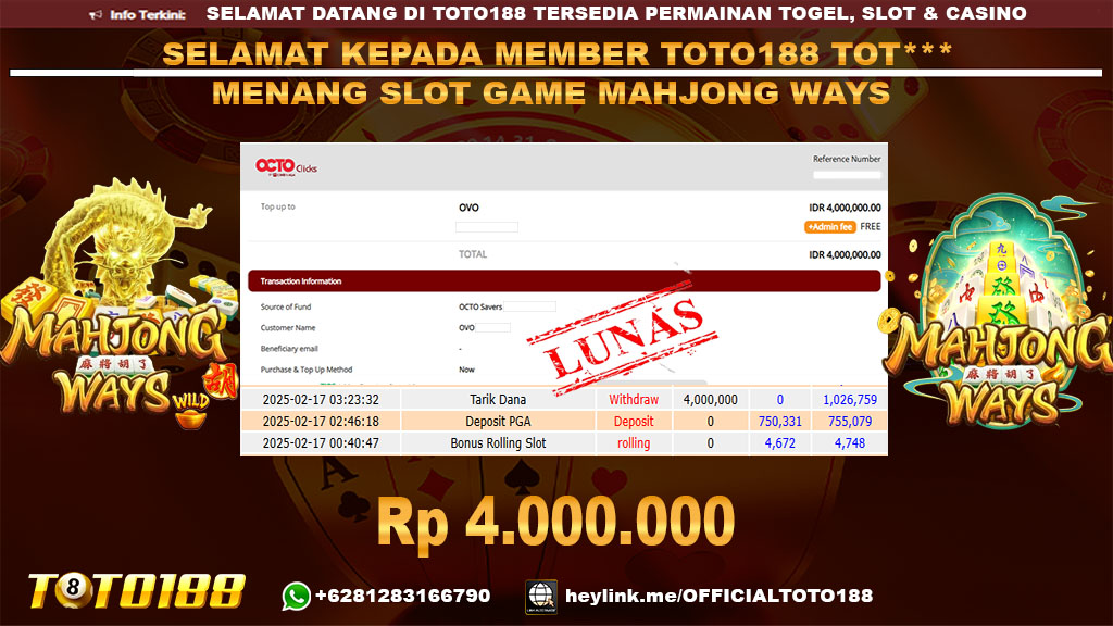 Bukti JP Kemenangan SLOT GAME MAHJONG WAYS 17 FEB 25