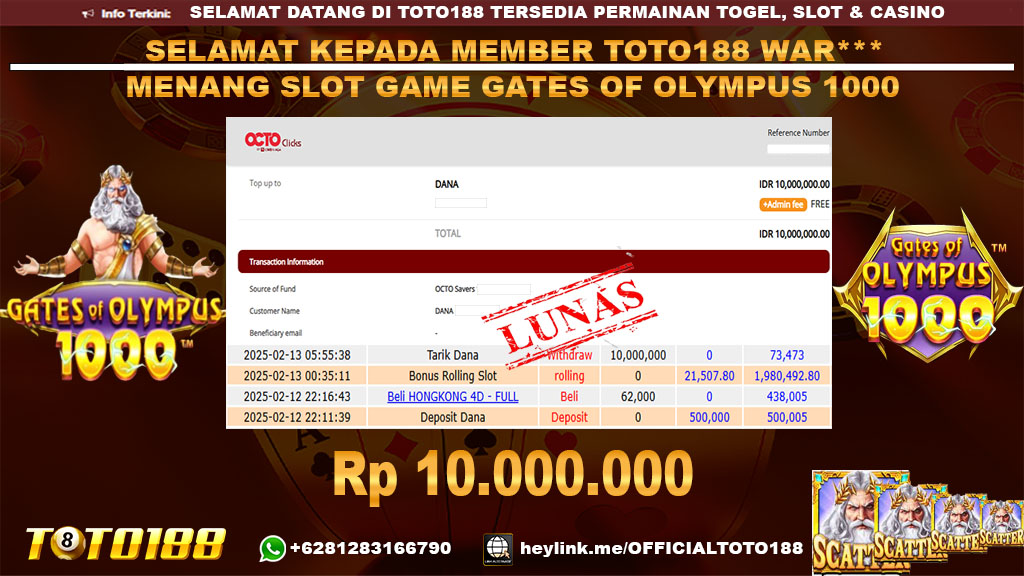 Bukti JP Kemenangan SLOT GAME GATES OF OLYMPUS 1000 13 FEB 25